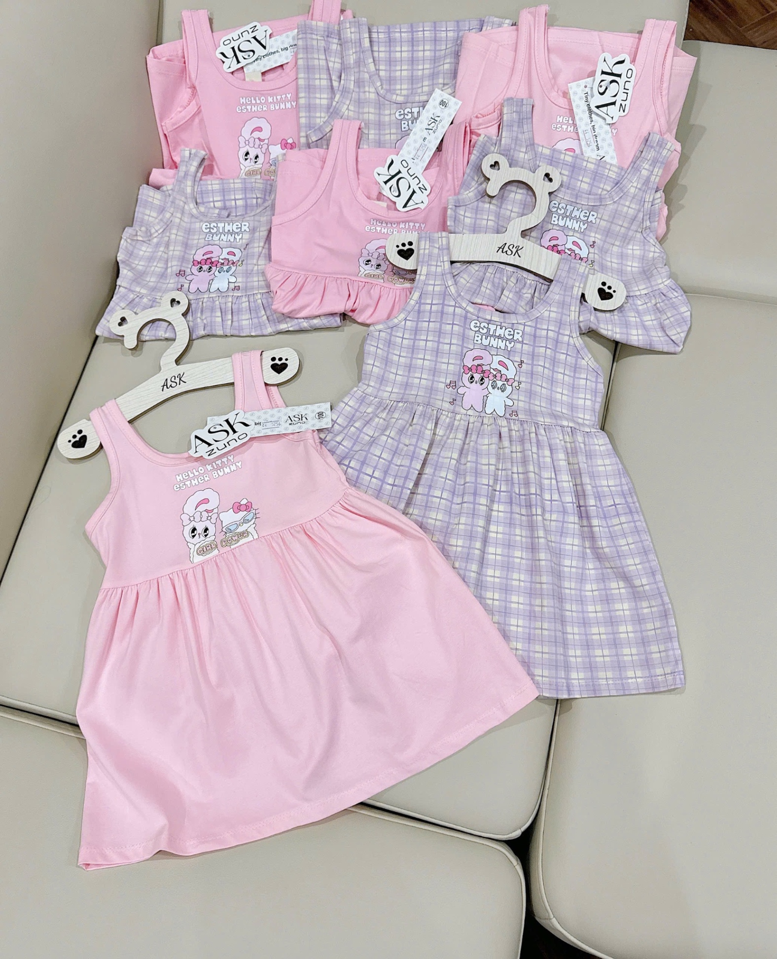 VB536 - SET 2 VÁY BÉ GÁI SÁT NÁCH THỎ BUNNY hồng tím kẻ