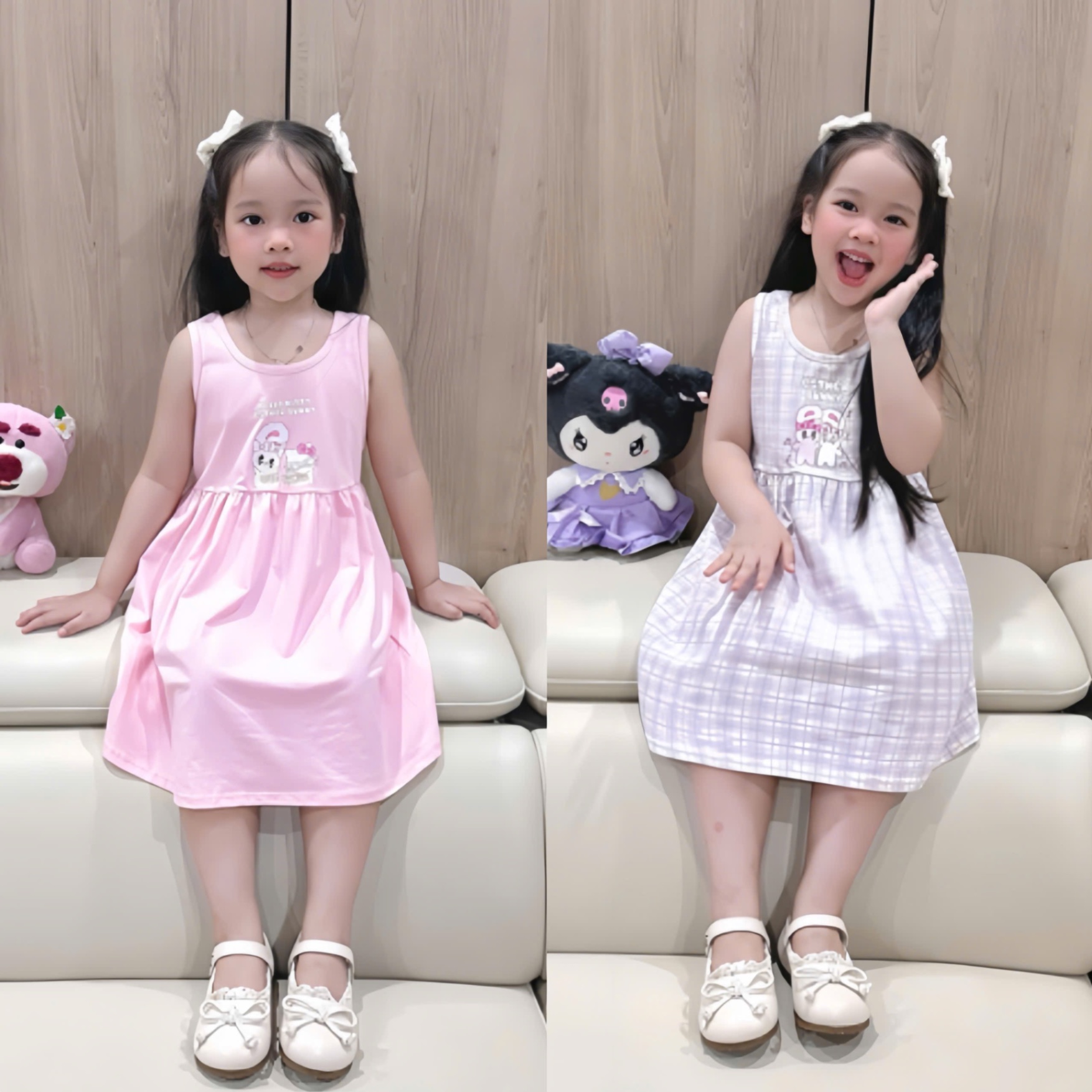 VB536 - SET 2 VÁY BÉ GÁI SÁT NÁCH THỎ BUNNY hồng tím kẻ