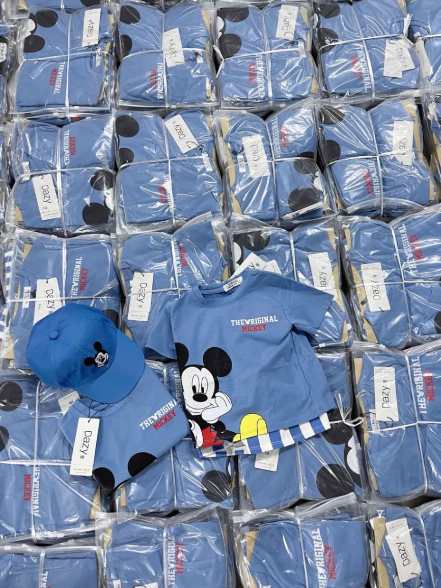 T645 - BỘ ĐÙI BÉ TRAI ÁO XANH MICKEY QUẦN SỌC KÈM MŨ