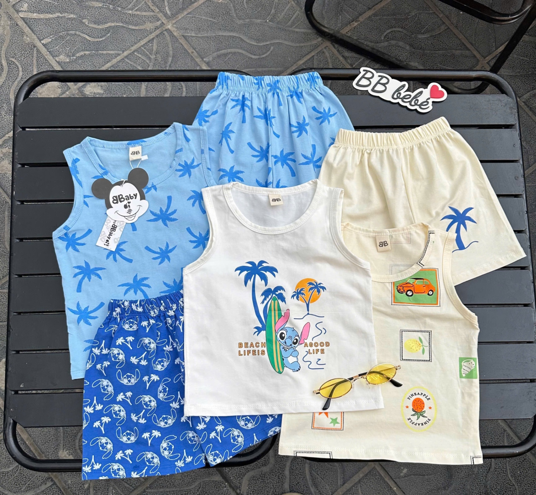 T656 - SET 3 BỘ ĐÙI BÉ TRAI BA LỖ CÂY DỪA OTO xanh trắng