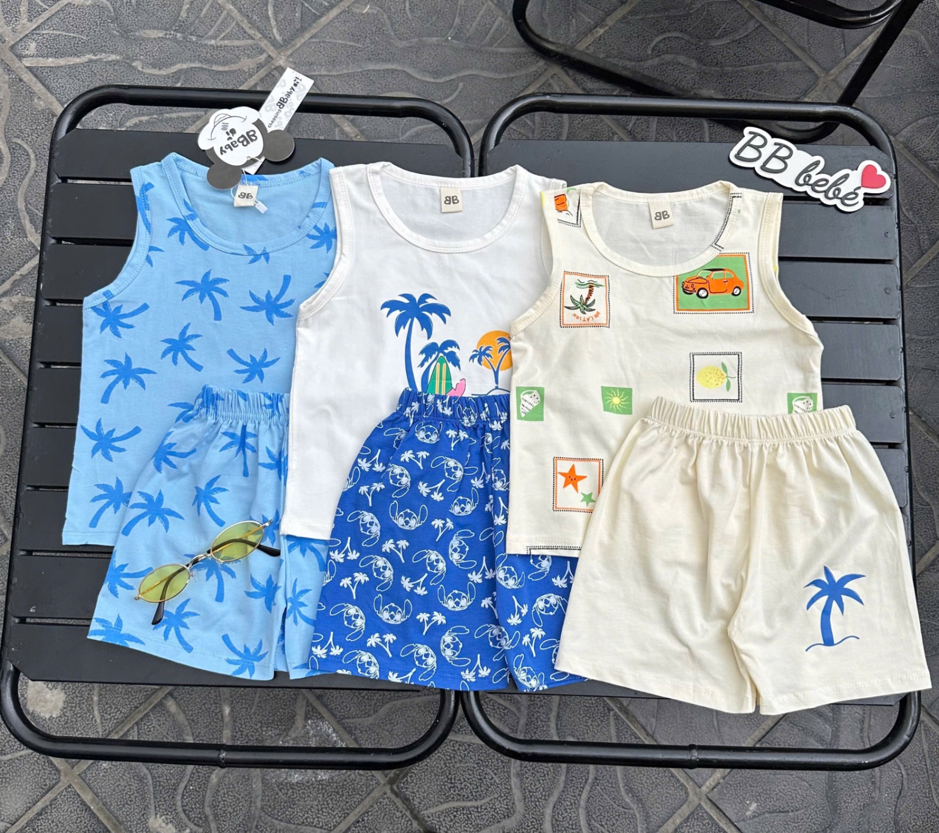 T656 - SET 3 BỘ ĐÙI BÉ TRAI BA LỖ CÂY DỪA OTO xanh trắng