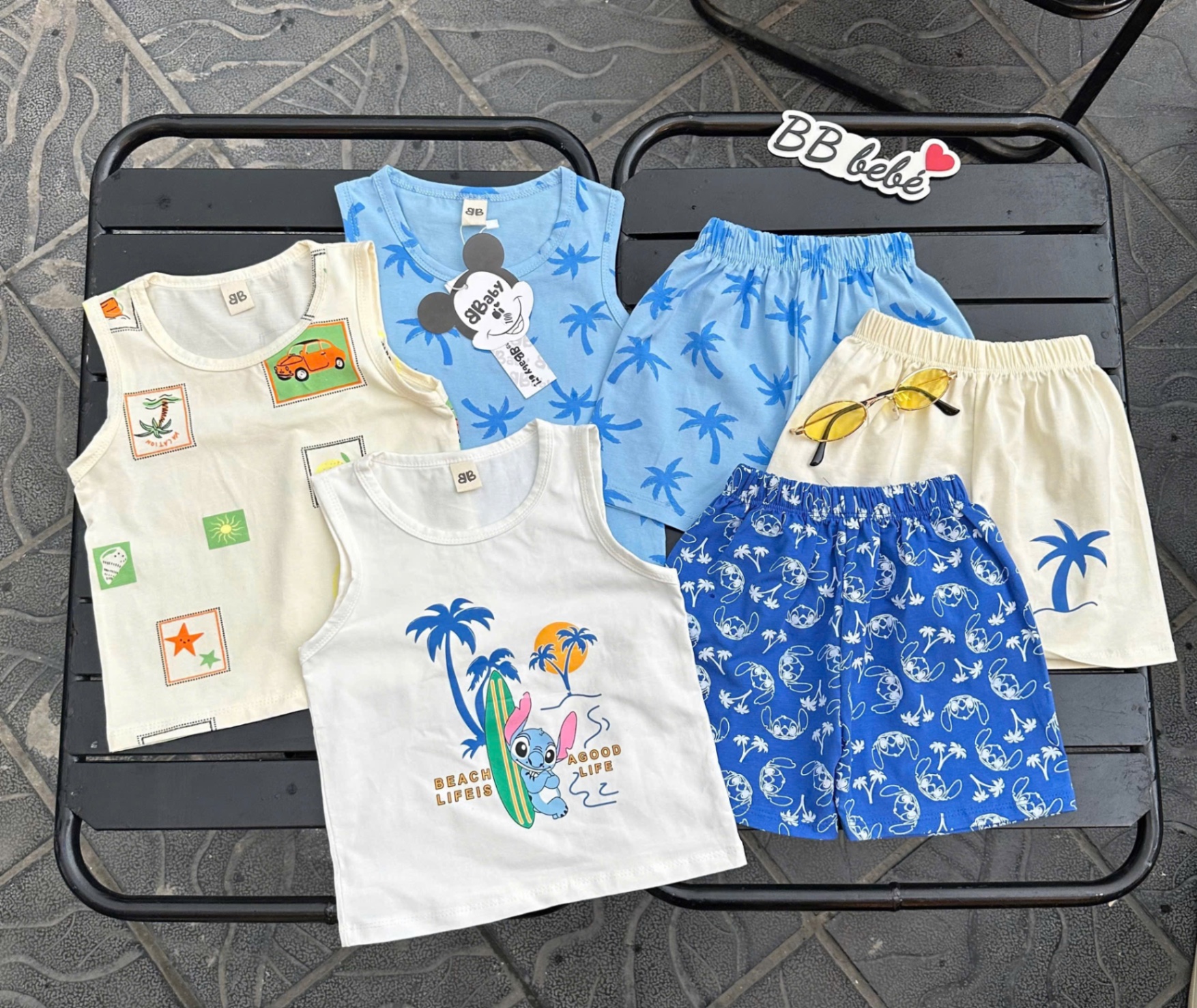 T656 - SET 3 BỘ ĐÙI BÉ TRAI BA LỖ CÂY DỪA OTO xanh trắng