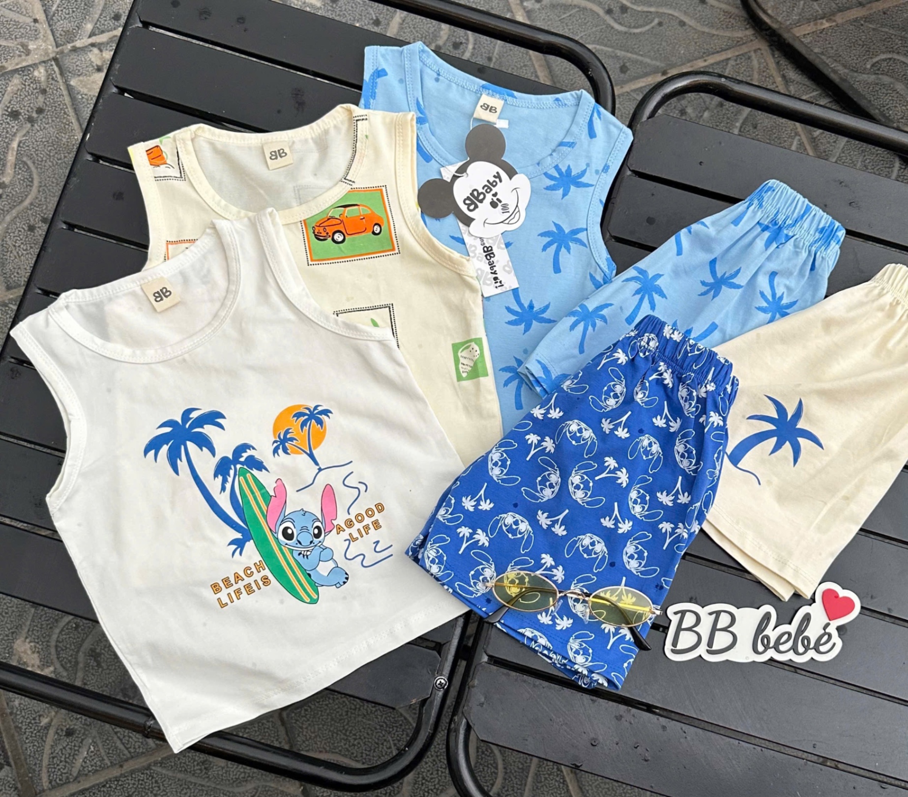 T656 - SET 3 BỘ ĐÙI BÉ TRAI BA LỖ CÂY DỪA OTO xanh trắng