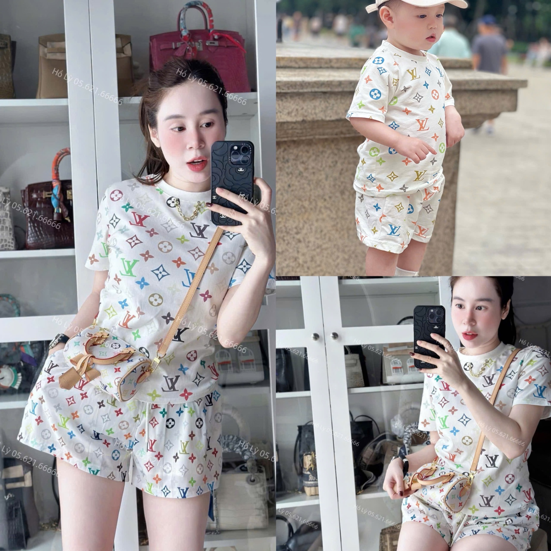 T657 - BỘ ĐÙI ĐÔI MẸ BÉ MÀU TRẮNG LV SẮC MÀU
