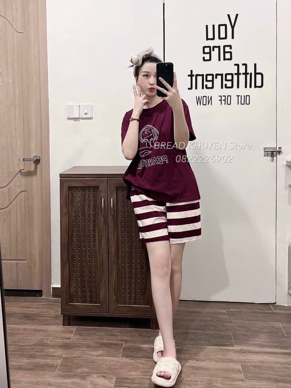 S976 - BỘ ĐÙI NỮ ÁO MẬN PEANUTS QUẦN KẺ NGANG
