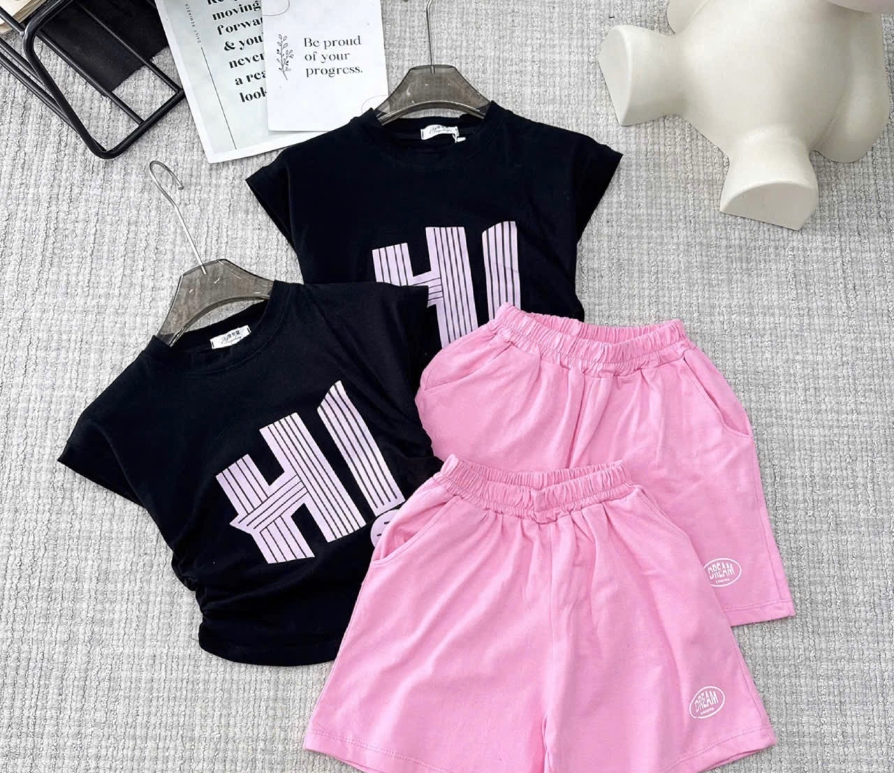 G593 - BỘ ĐÙI BÉ GÁI SIZE ĐẠI ÁO ĐEN HI QUẦN HỒNG