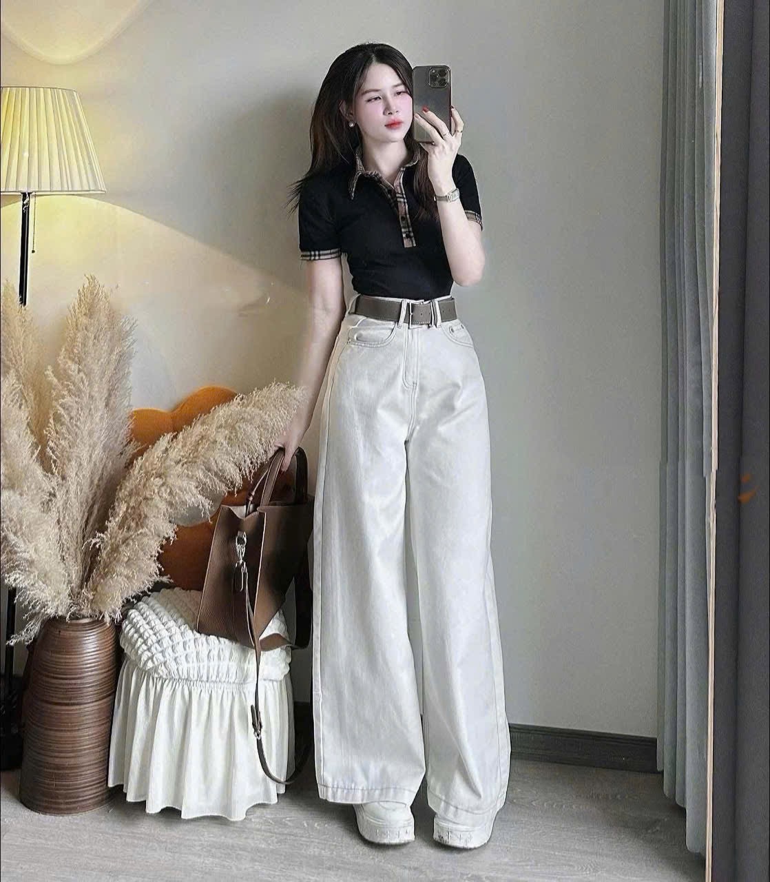QNU570 - QUẦN JEANS SUÔNG TRẮNG KÈM ĐAI