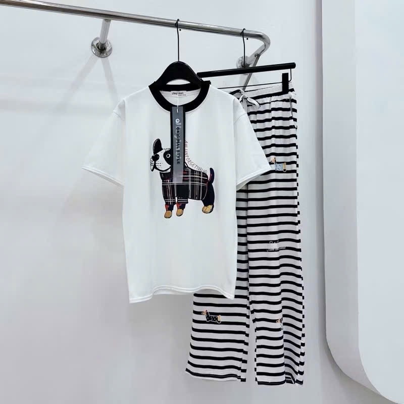 S978 - BỘ NỮ ÁO TRẮNG CHÓ UN FOR QUẦN KẺ NGANG