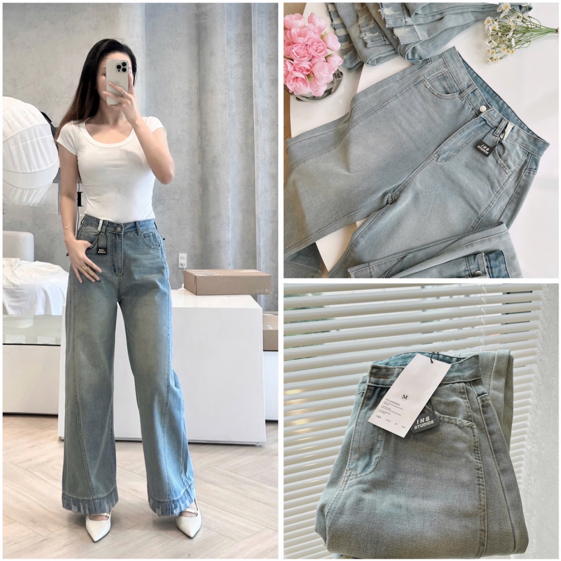 QNU591 - QUẦN JEANS SUÔNG XANH GÂN SỌC RÁCH GẤU