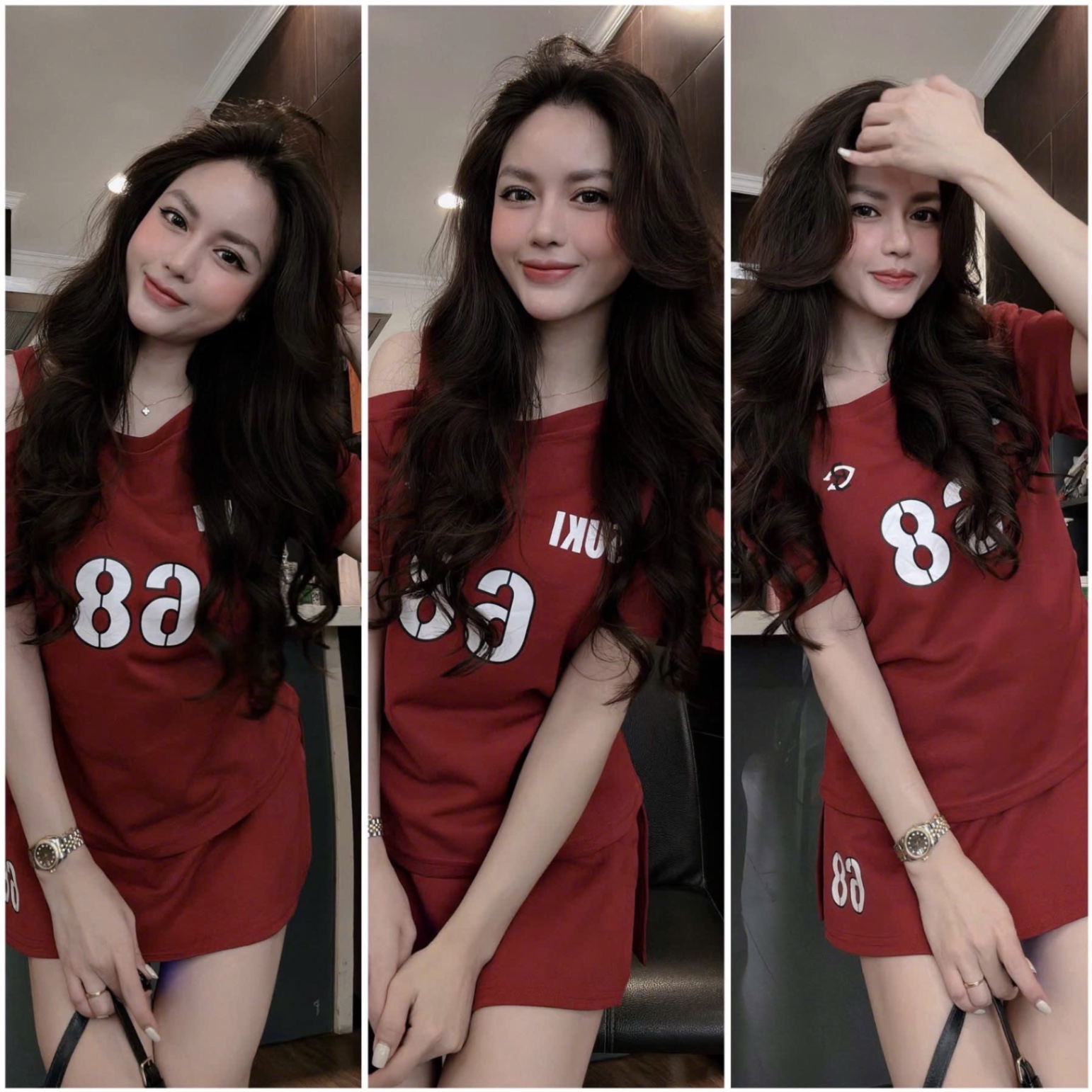 S971 - SET NỮ ÁO ĐỎ LỆCH VAI CVAY A SỐ 68