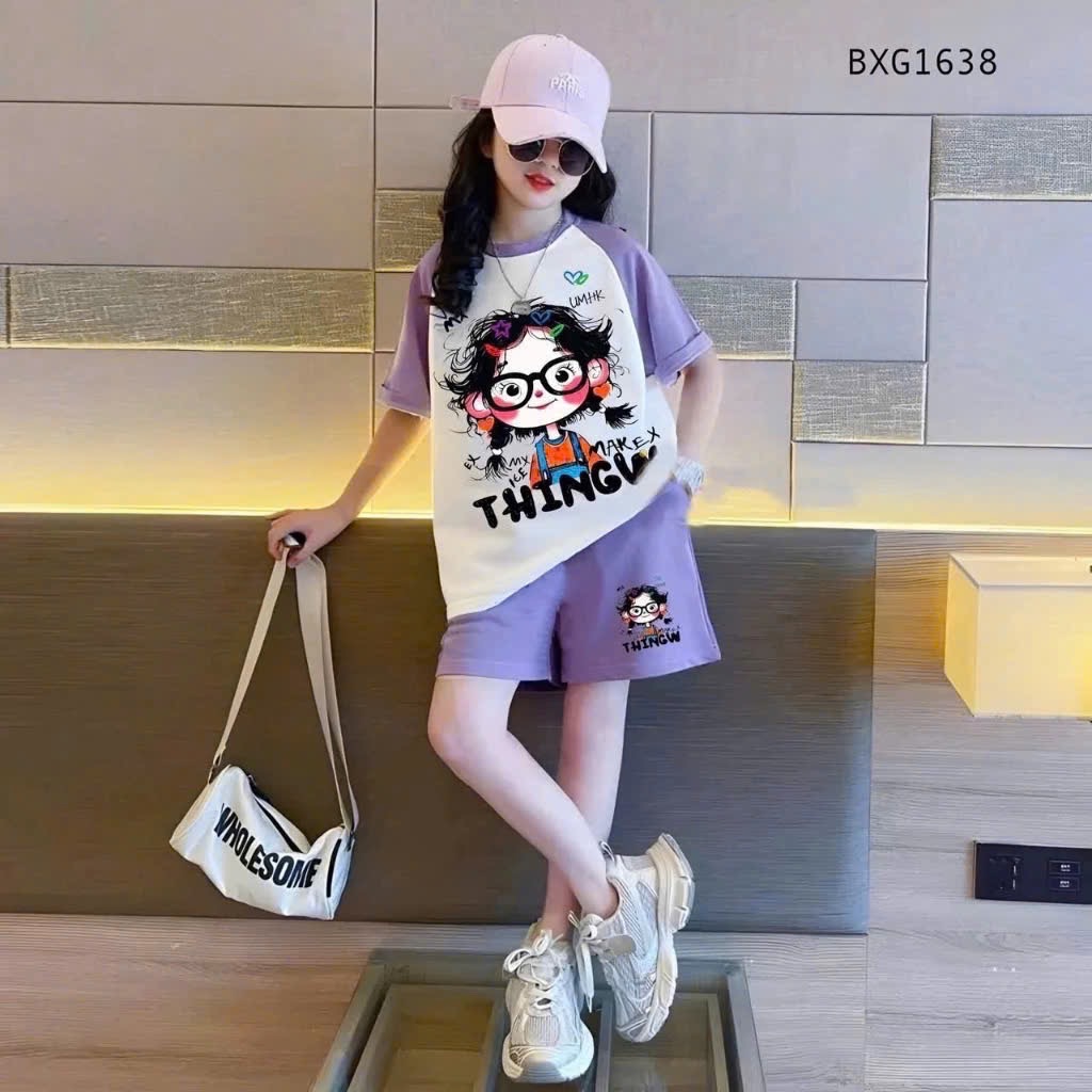 G594 - BỘ BÉ GÁI SIZE ĐẠI CÔ BÉ ĐEO KÍNH QUẦN TÍM