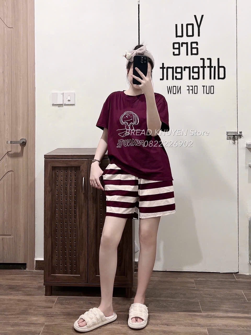 S976 - BỘ ĐÙI NỮ ÁO MẬN PEANUTS QUẦN KẺ NGANG