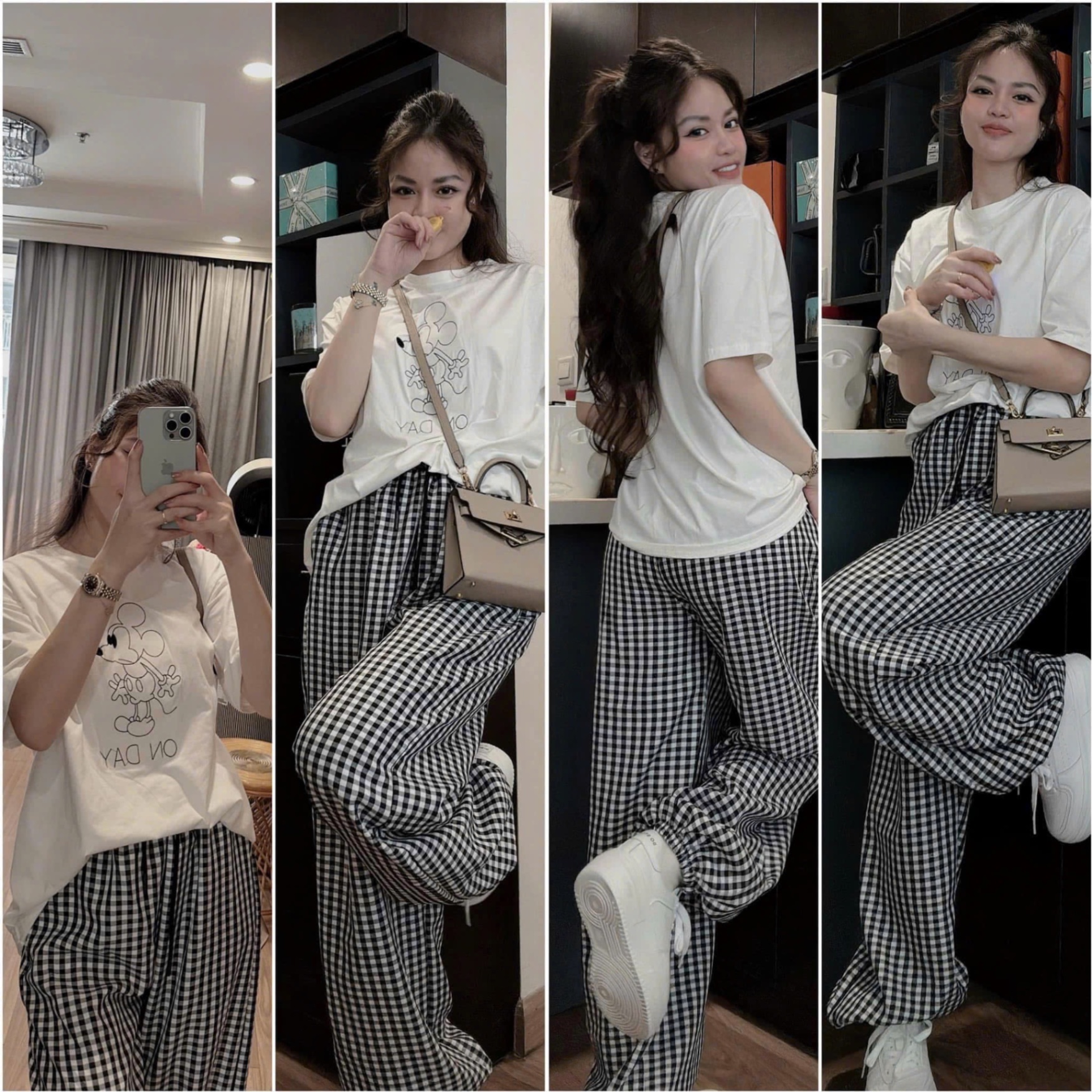 S977 - BỘ NỮ ÁO TRẮNG MICKEY ON DAY QUẦN SUÔNG KẺ