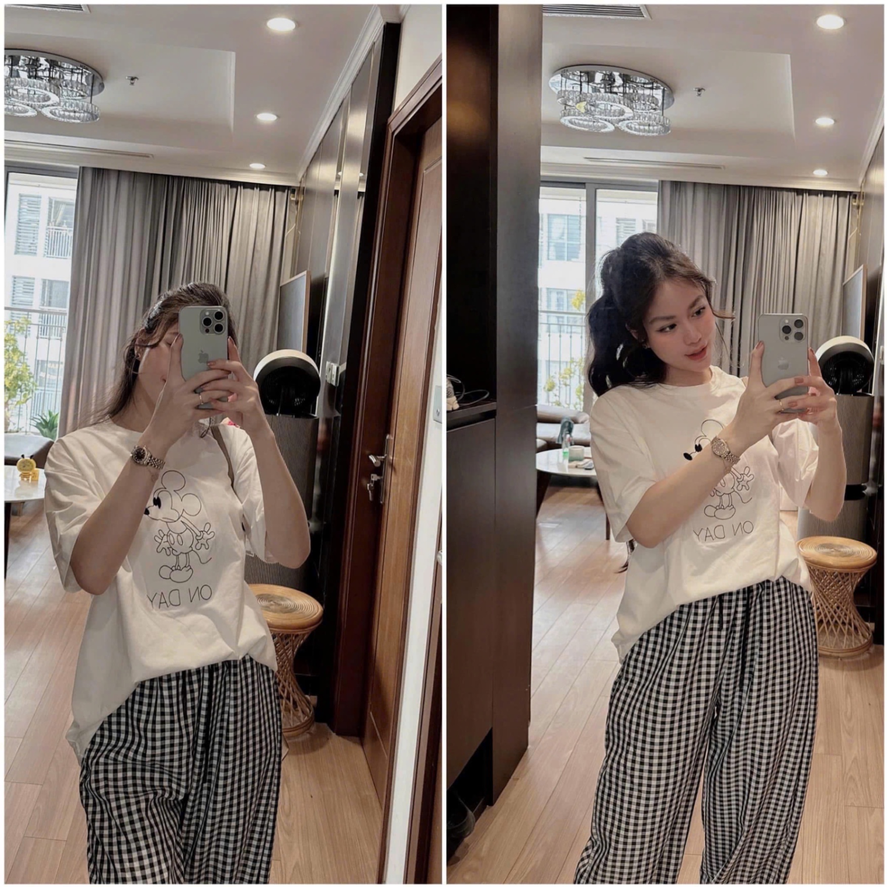 S977 - BỘ NỮ ÁO TRẮNG MICKEY ON DAY QUẦN SUÔNG KẺ