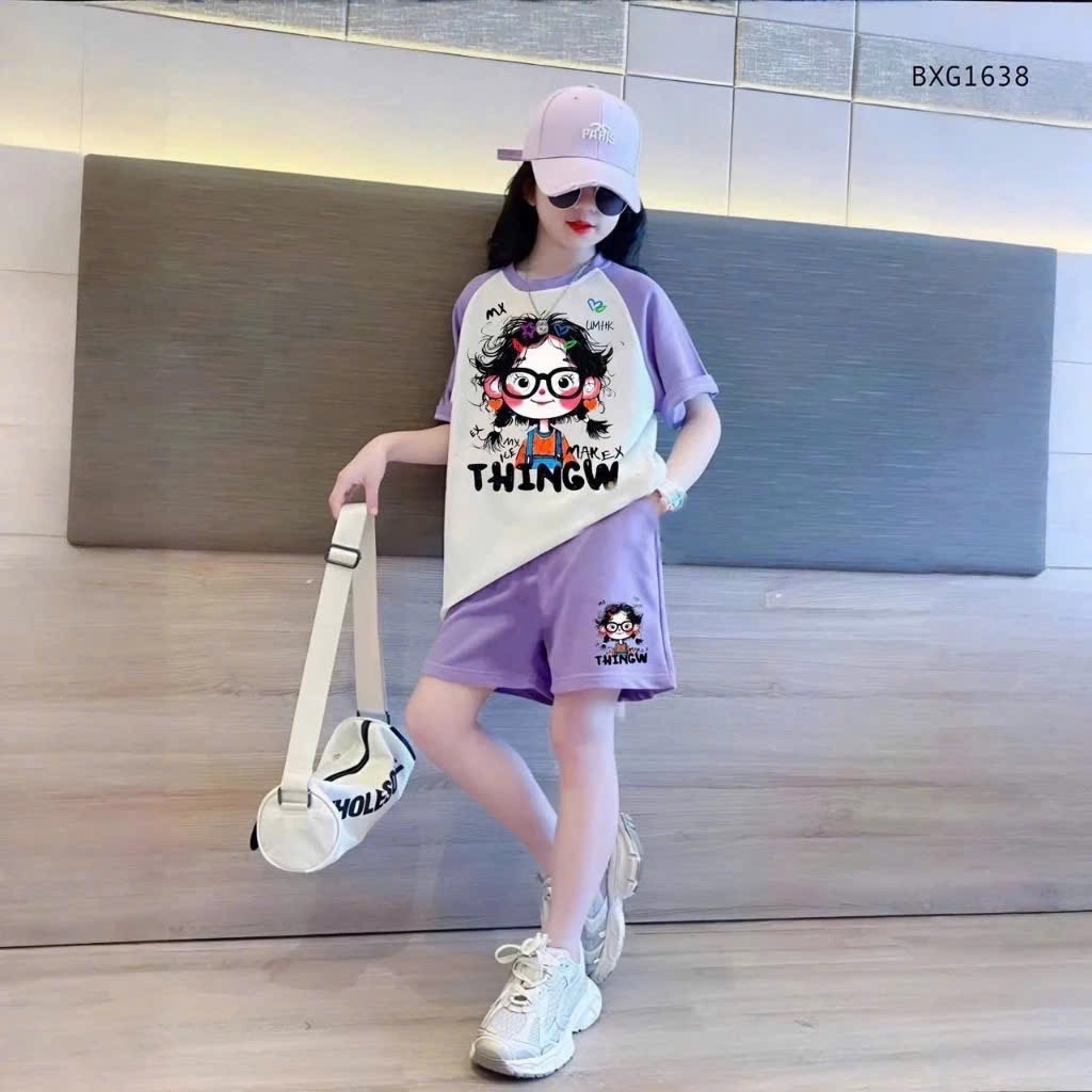 G594 - BỘ BÉ GÁI SIZE ĐẠI CÔ BÉ ĐEO KÍNH QUẦN TÍM