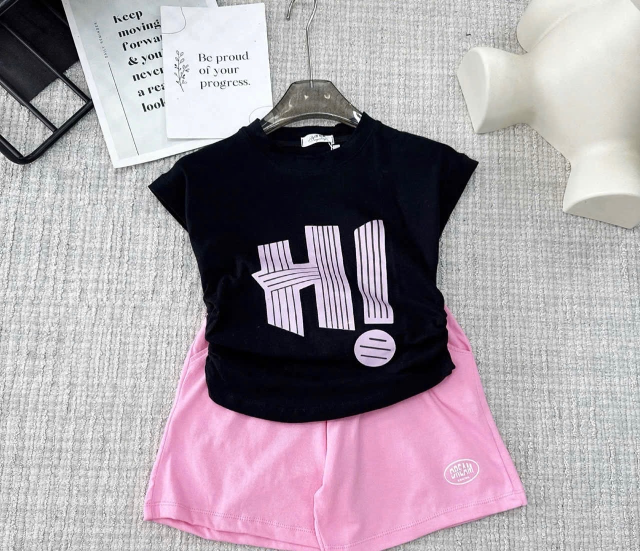 G593 - BỘ ĐÙI BÉ GÁI SIZE ĐẠI ÁO ĐEN HI QUẦN HỒNG