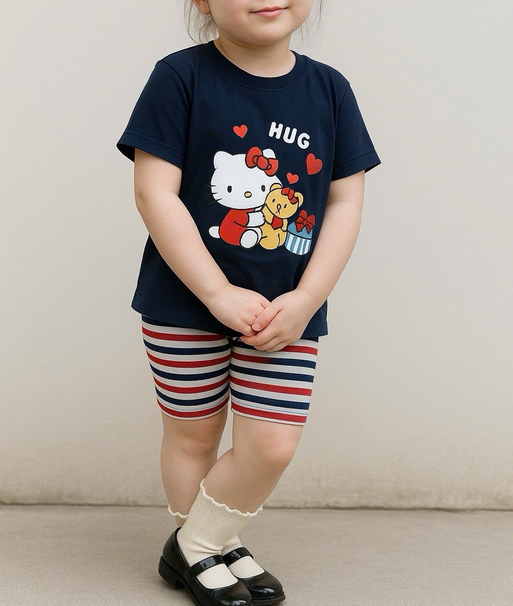 G597 - BỘ ĐÙI BÉ GÁI ÁO THAN KITTY HUG QUẦN KẺ
