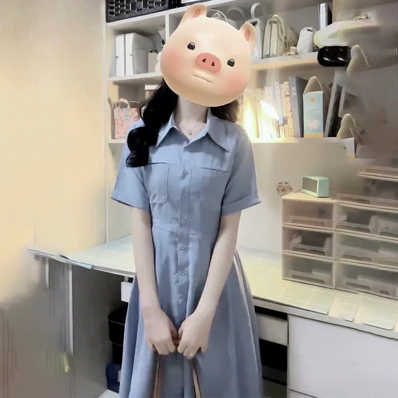 V471 - VÁY SƠ MI XANH DÁNG DÀI TÚI NGỰC