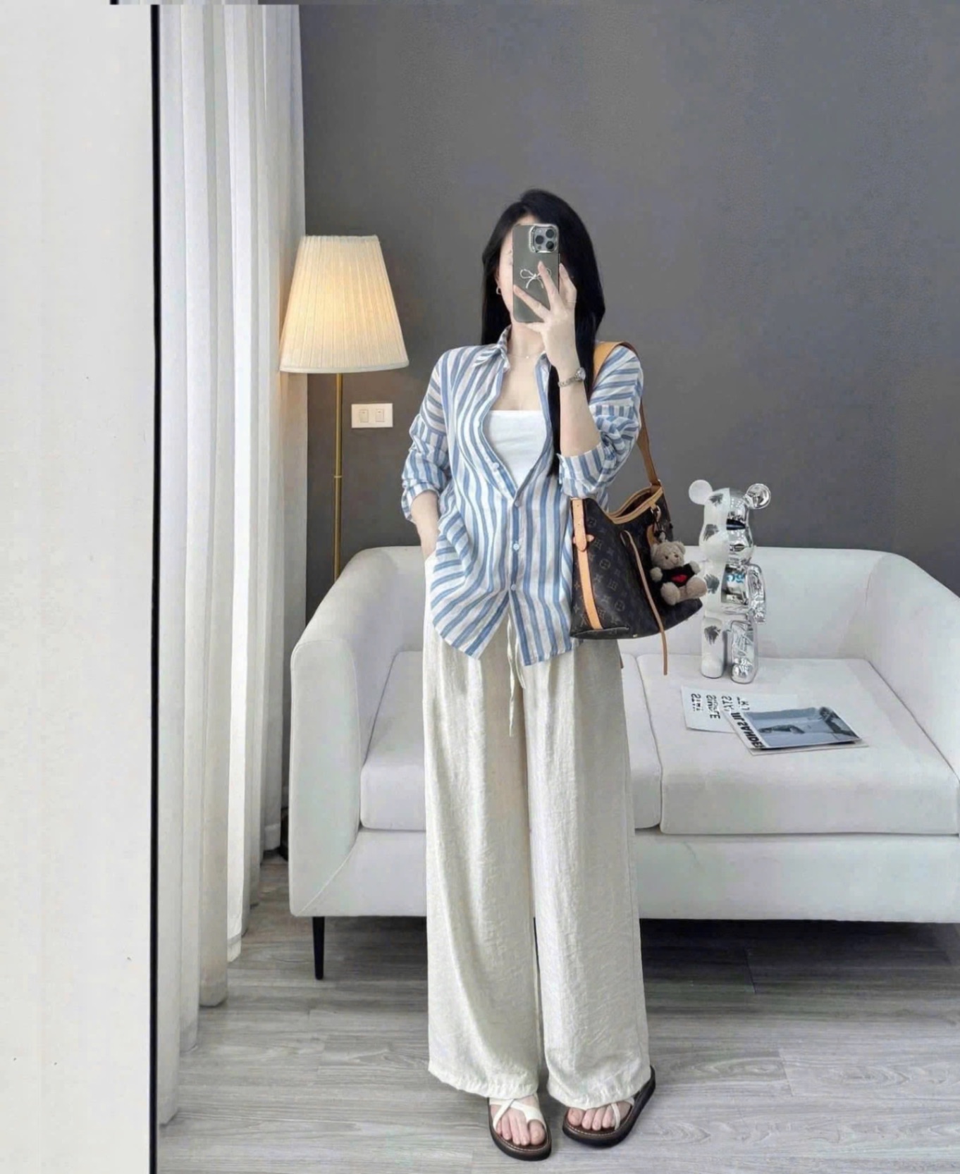 S984 - SET NỮ 3CT ÁO SƠ MI XANH SỌC QUẦN SUÔNG BE