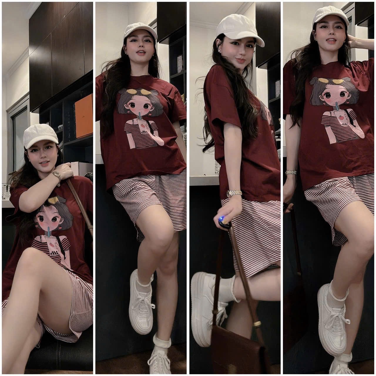 S983 - BỘ ĐÙI NỮ ÁO ĐỎ CÔ GÁI TRÀ SỮA QUẦN KẺ NGANG