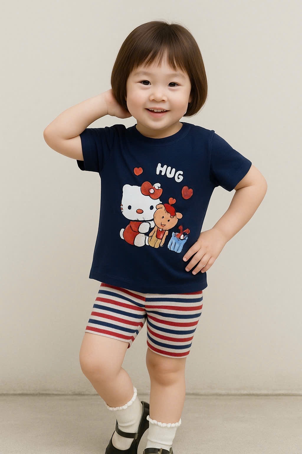 G597 - BỘ ĐÙI BÉ GÁI ÁO THAN KITTY HUG QUẦN KẺ