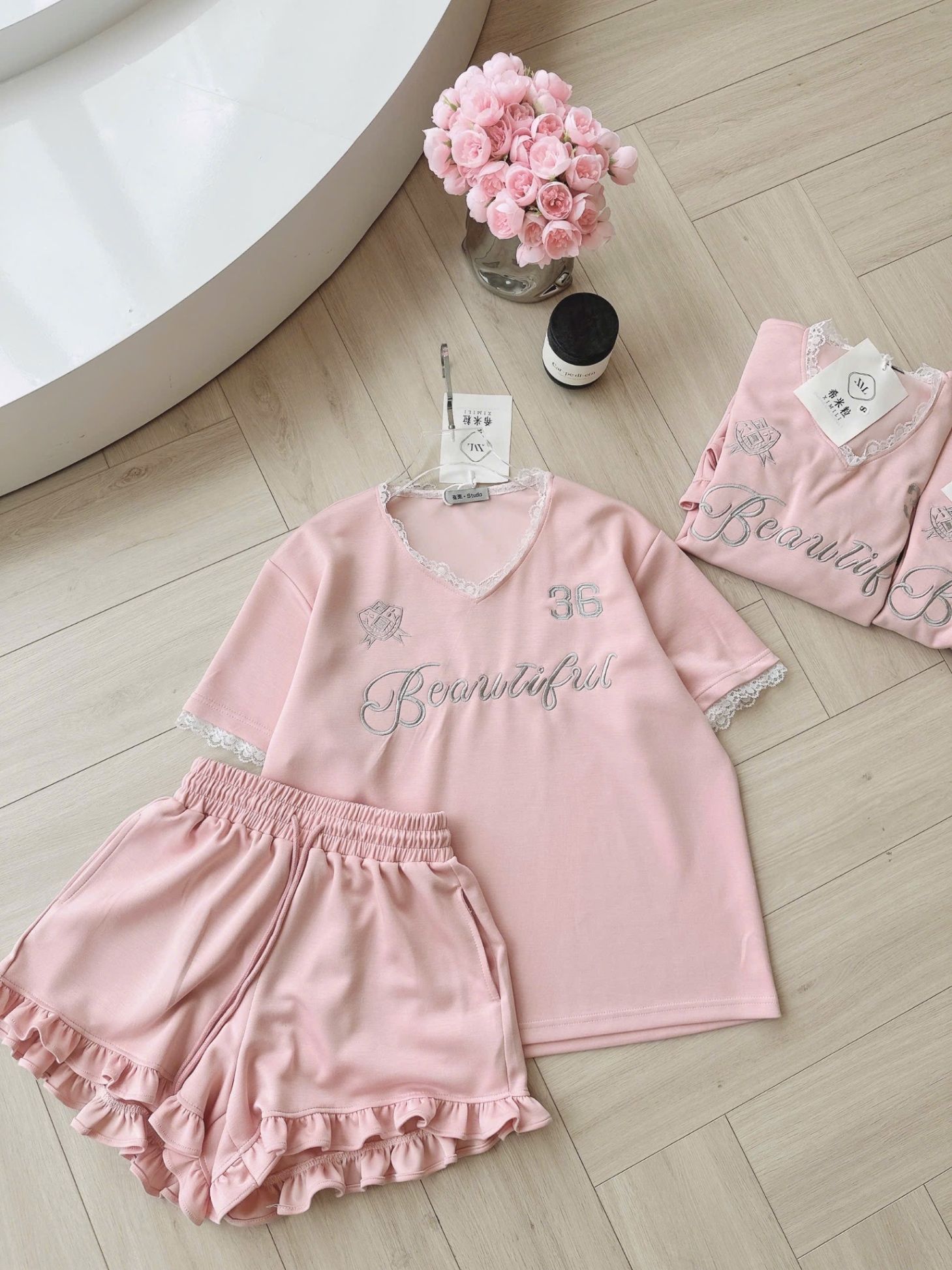 S985 - BỘ NỮ UMI CỔ TIM HỒNG PHỐI REN 36 VIỀN BÈO