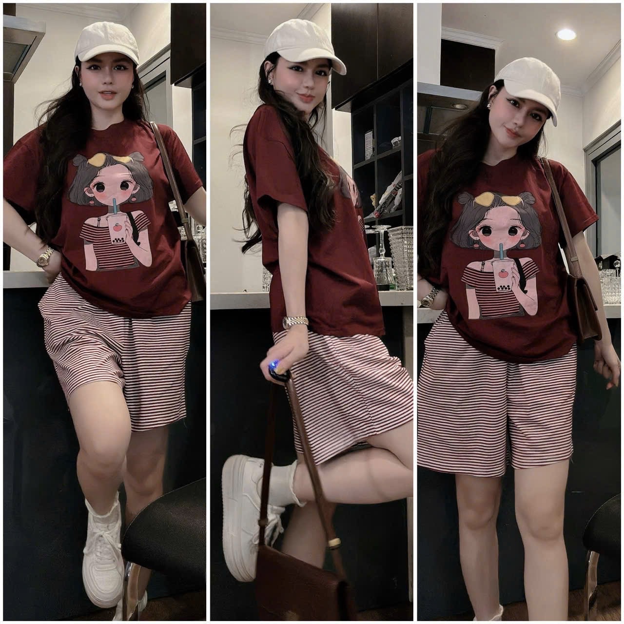S983 - BỘ ĐÙI NỮ ÁO ĐỎ CÔ GÁI TRÀ SỮA QUẦN KẺ NGANG