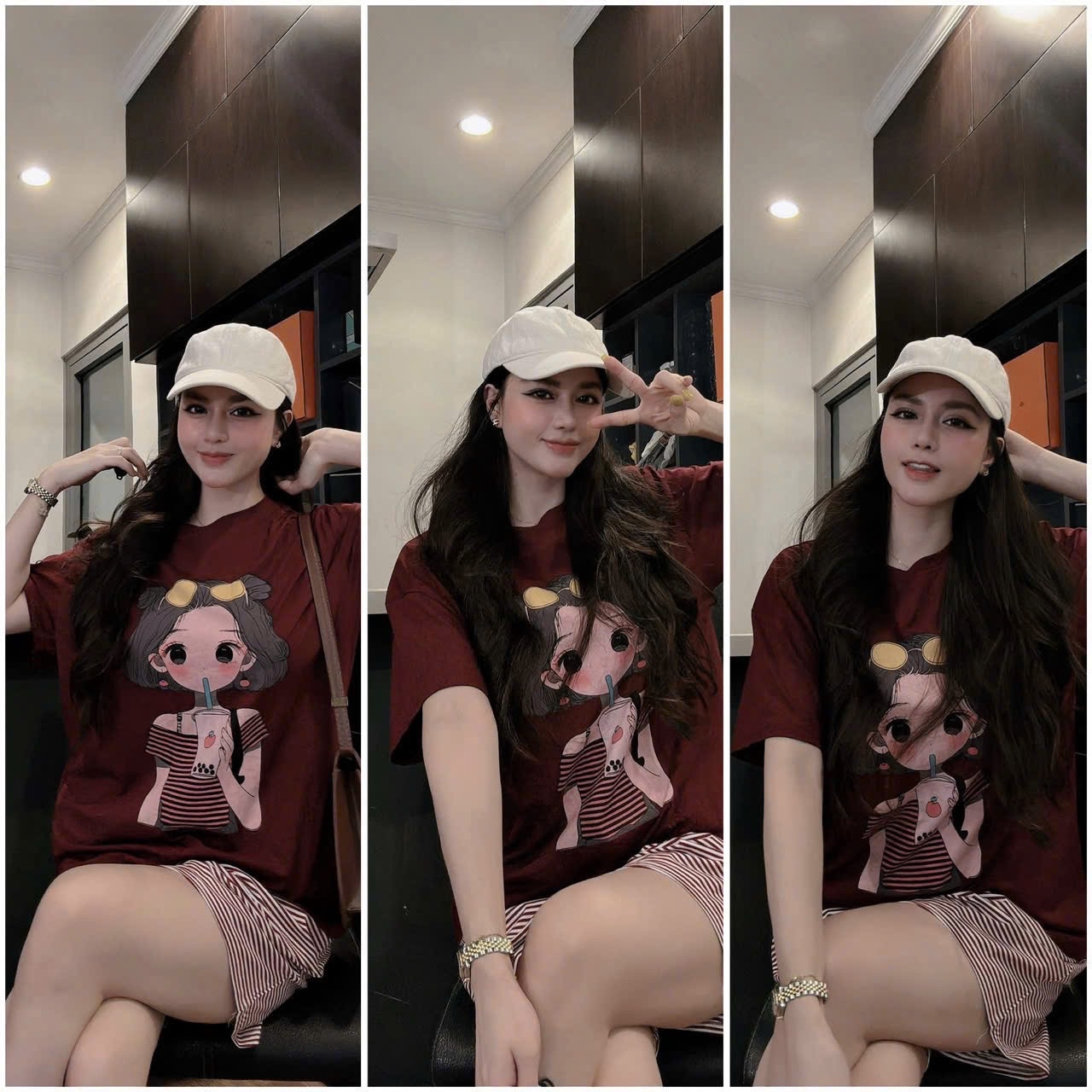 S983 - BỘ ĐÙI NỮ ÁO ĐỎ CÔ GÁI TRÀ SỮA QUẦN KẺ NGANG