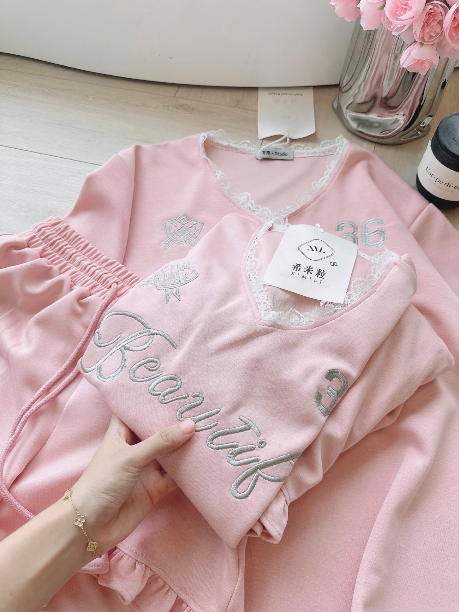 S985 - BỘ NỮ UMI CỔ TIM HỒNG PHỐI REN 36 VIỀN BÈO