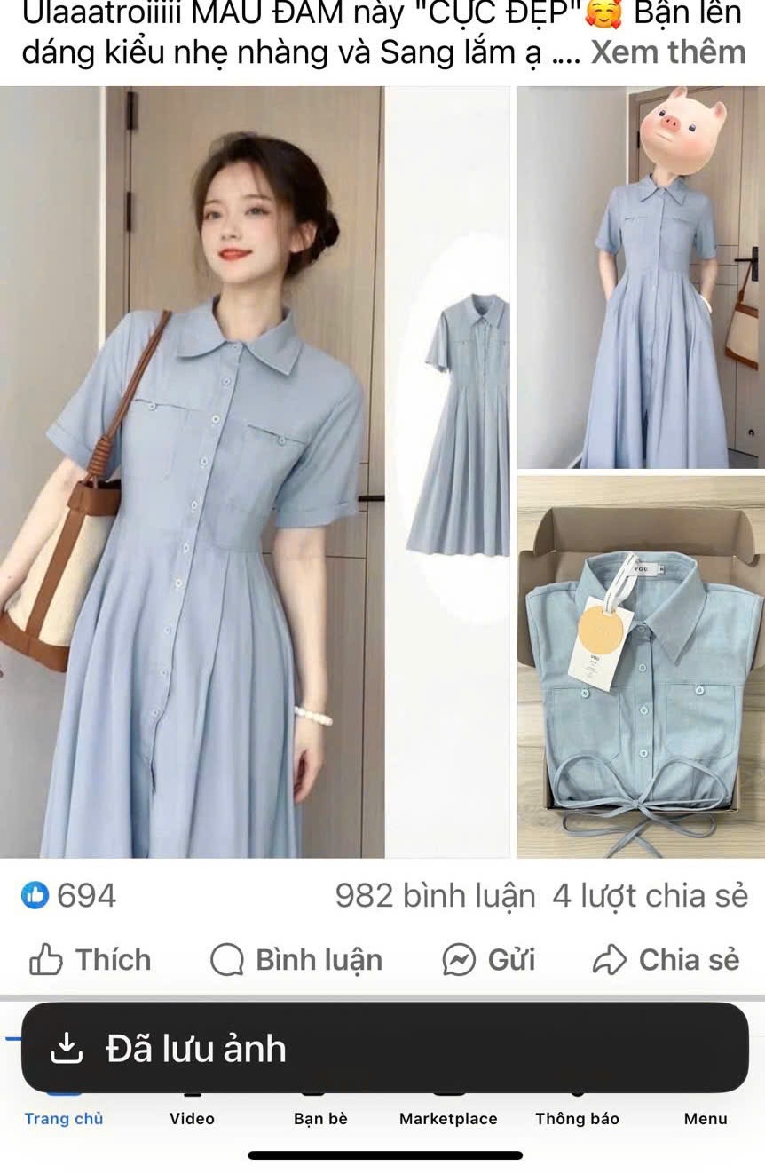 V471 - VÁY SƠ MI XANH DÁNG DÀI TÚI NGỰC