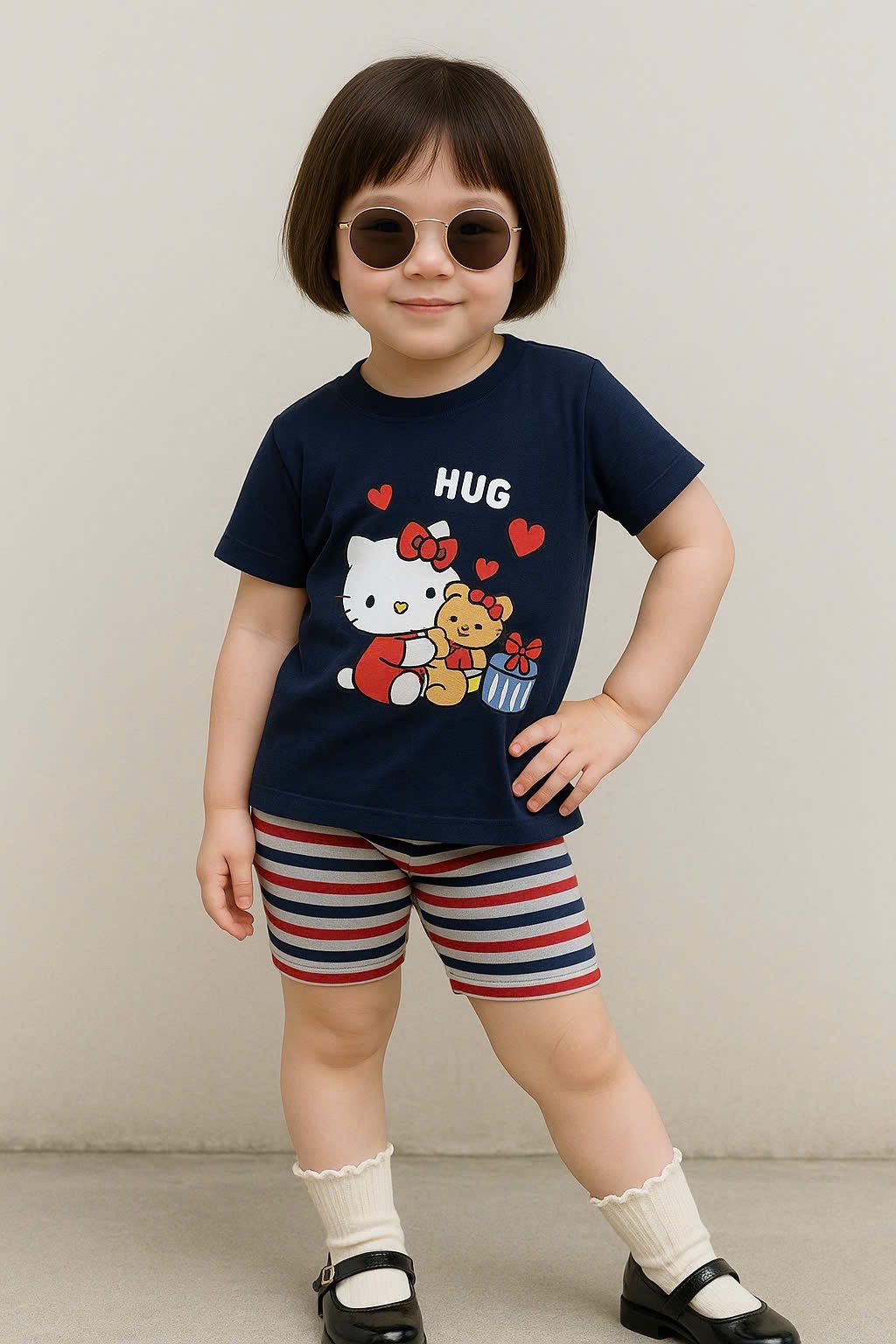 G597 - BỘ ĐÙI BÉ GÁI ÁO THAN KITTY HUG QUẦN KẺ
