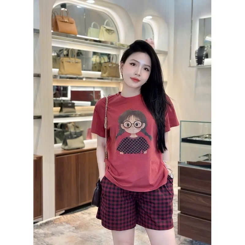 S987 - BỘ ĐÙI NỮ ÁO ĐỎ CÔ GÁI GRACEFUL QUẦN KẺ