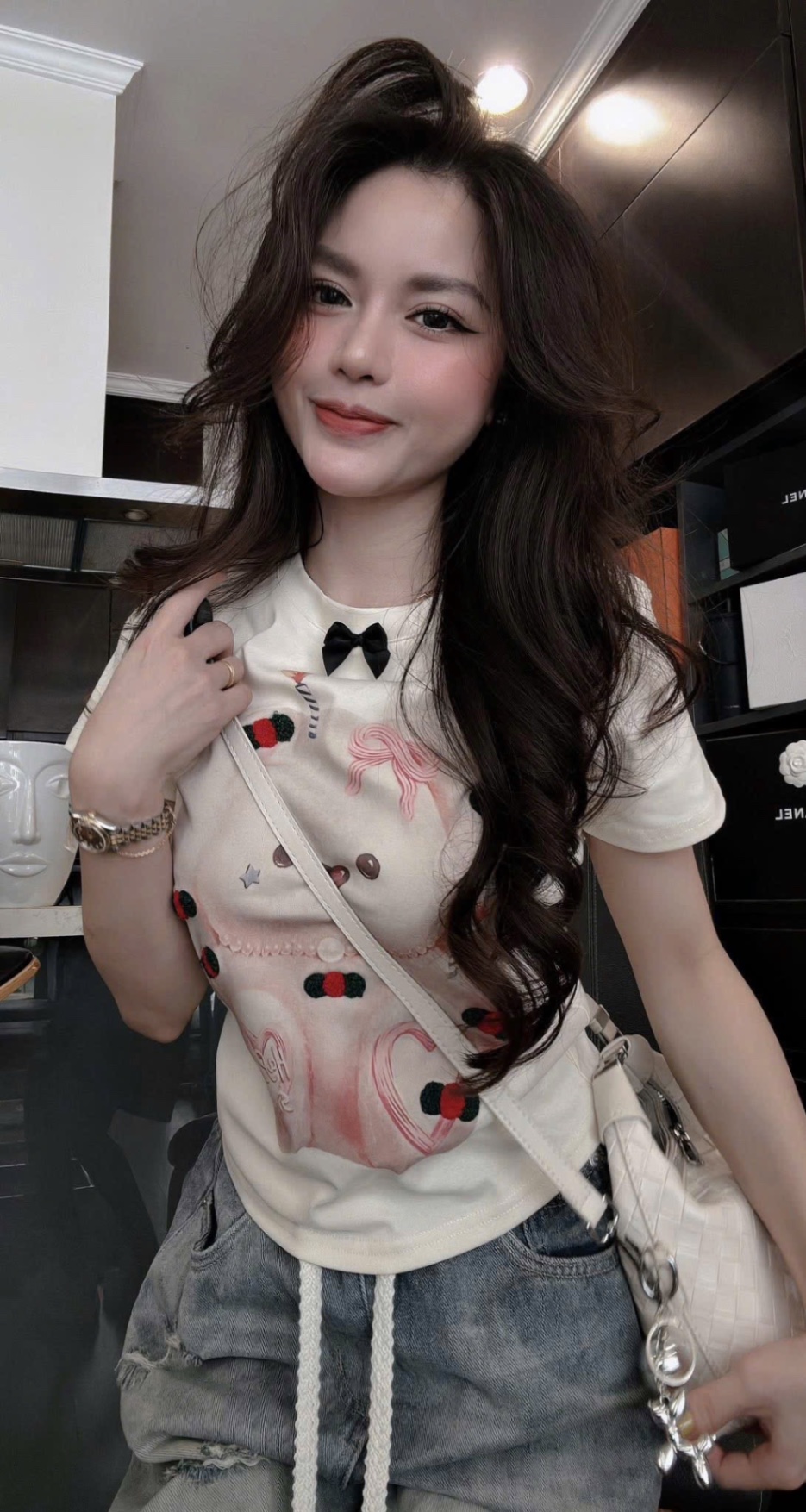 S991 - SET NỮ ÁO TRẮNG GẤU HAPPY SMILE QUẦN BÒ NGỐ
