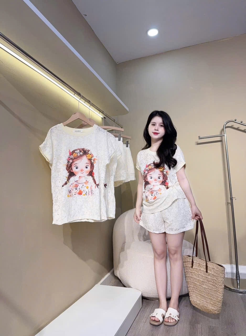 S981 - SET REN NỮ QC MÀU BE CÔ GÁI HOA QUẦN 2 LỚP