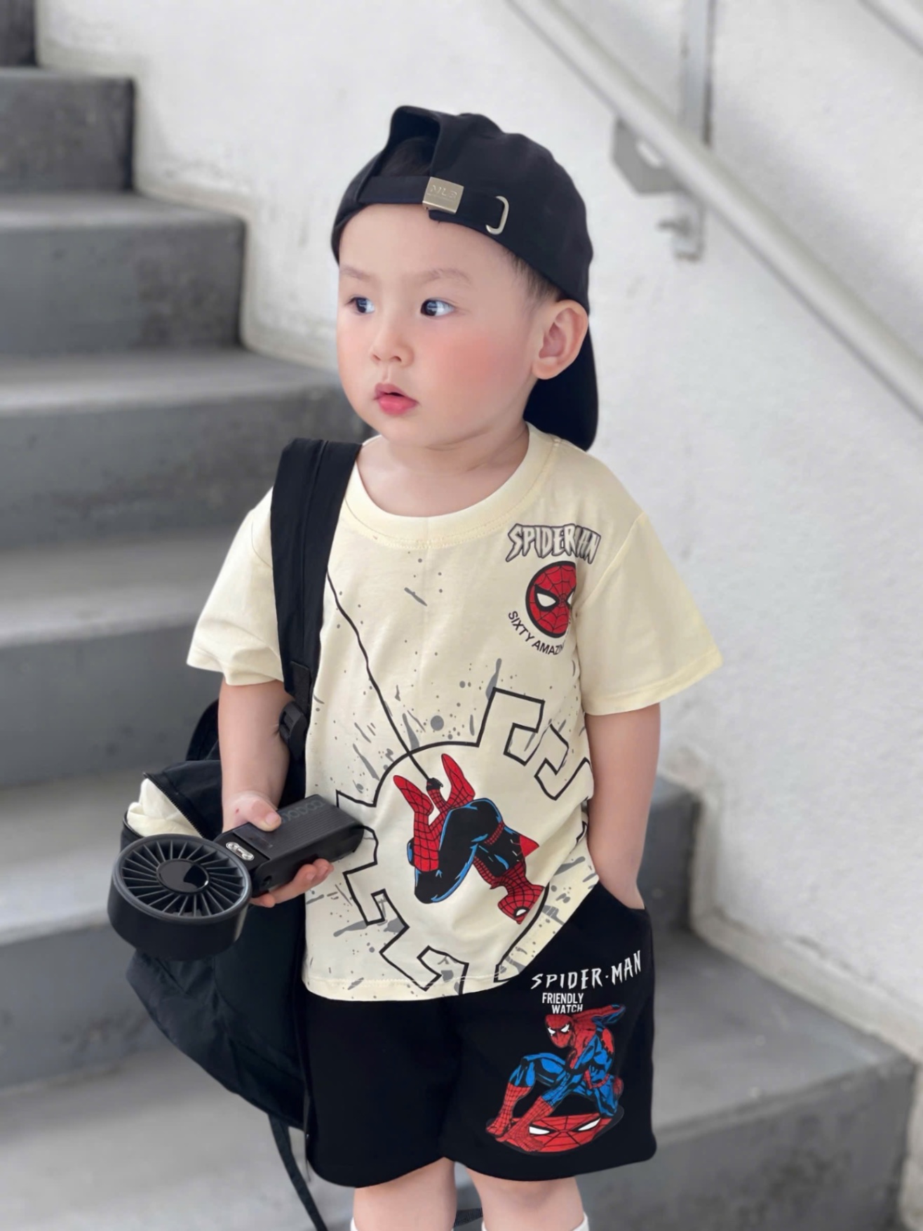 T666 - BỘ ĐÙI BÉ TRAI ÁO BE SPIDERMAN QUẦN ĐEN