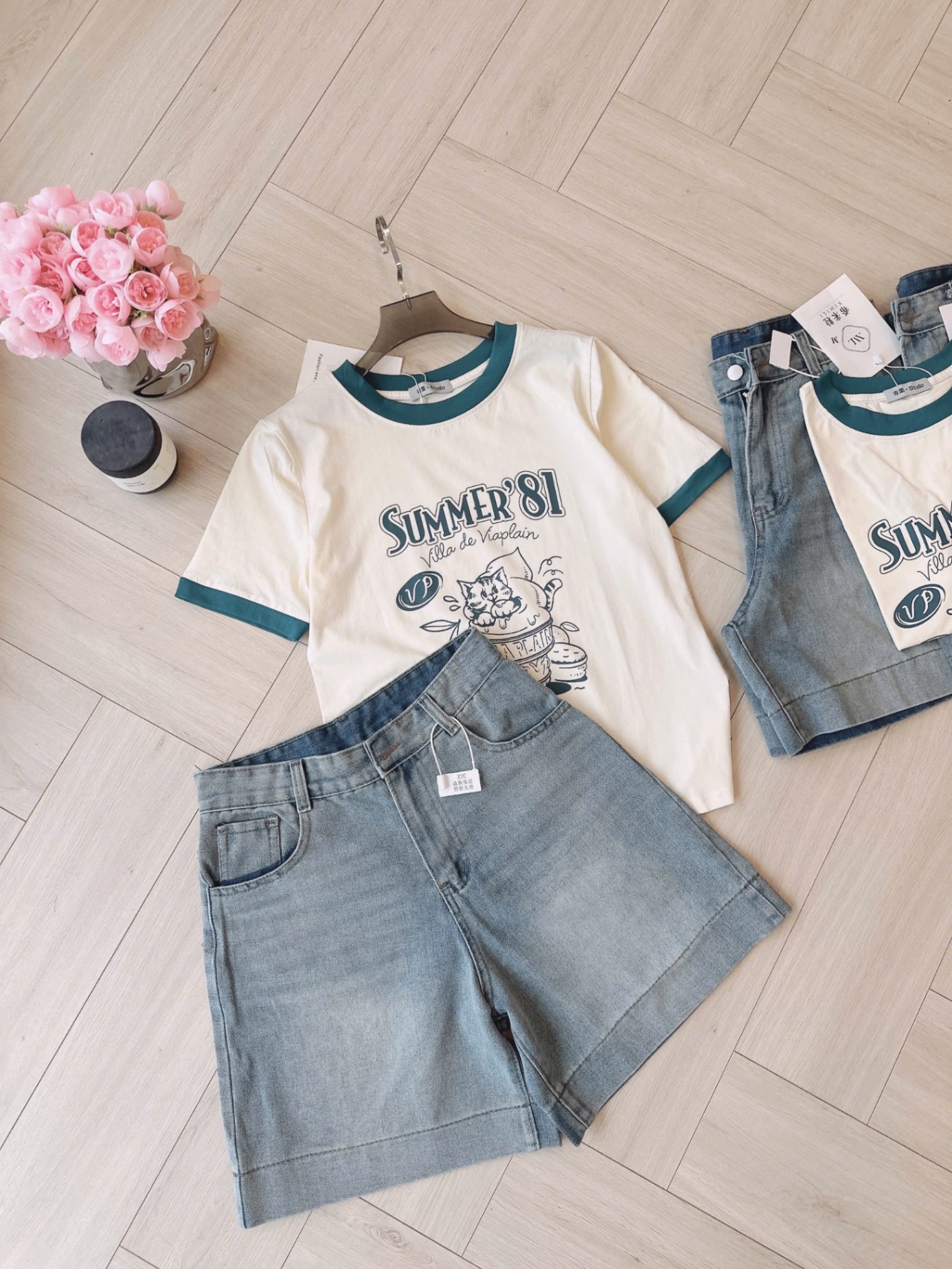 S989 - SET NỮ ÁO CỘC BE SUMMER 81 QUẦN BÒ NGỐ