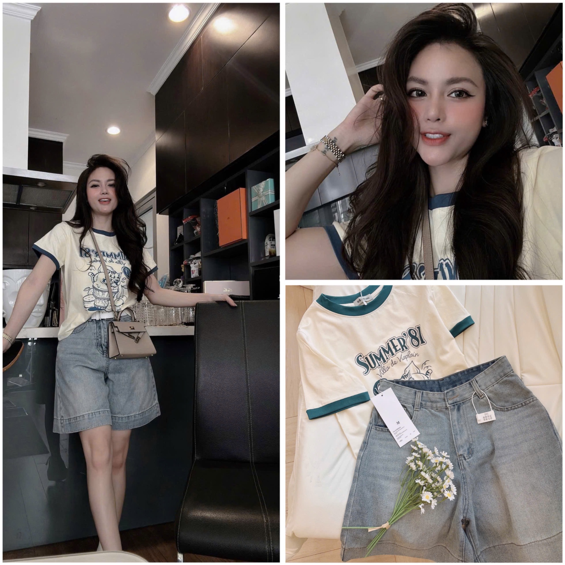 S989 - SET NỮ ÁO CỘC BE SUMMER 81 QUẦN BÒ NGỐ