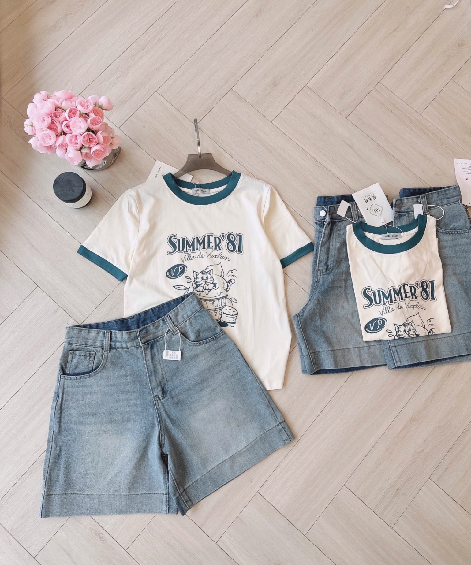 S989 - SET NỮ ÁO CỘC BE SUMMER 81 QUẦN BÒ NGỐ