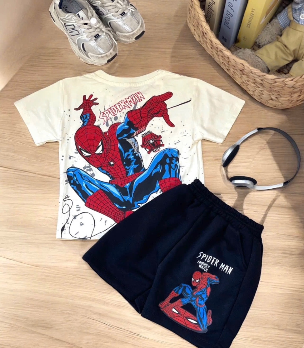 T666 - BỘ ĐÙI BÉ TRAI ÁO BE SPIDERMAN QUẦN ĐEN