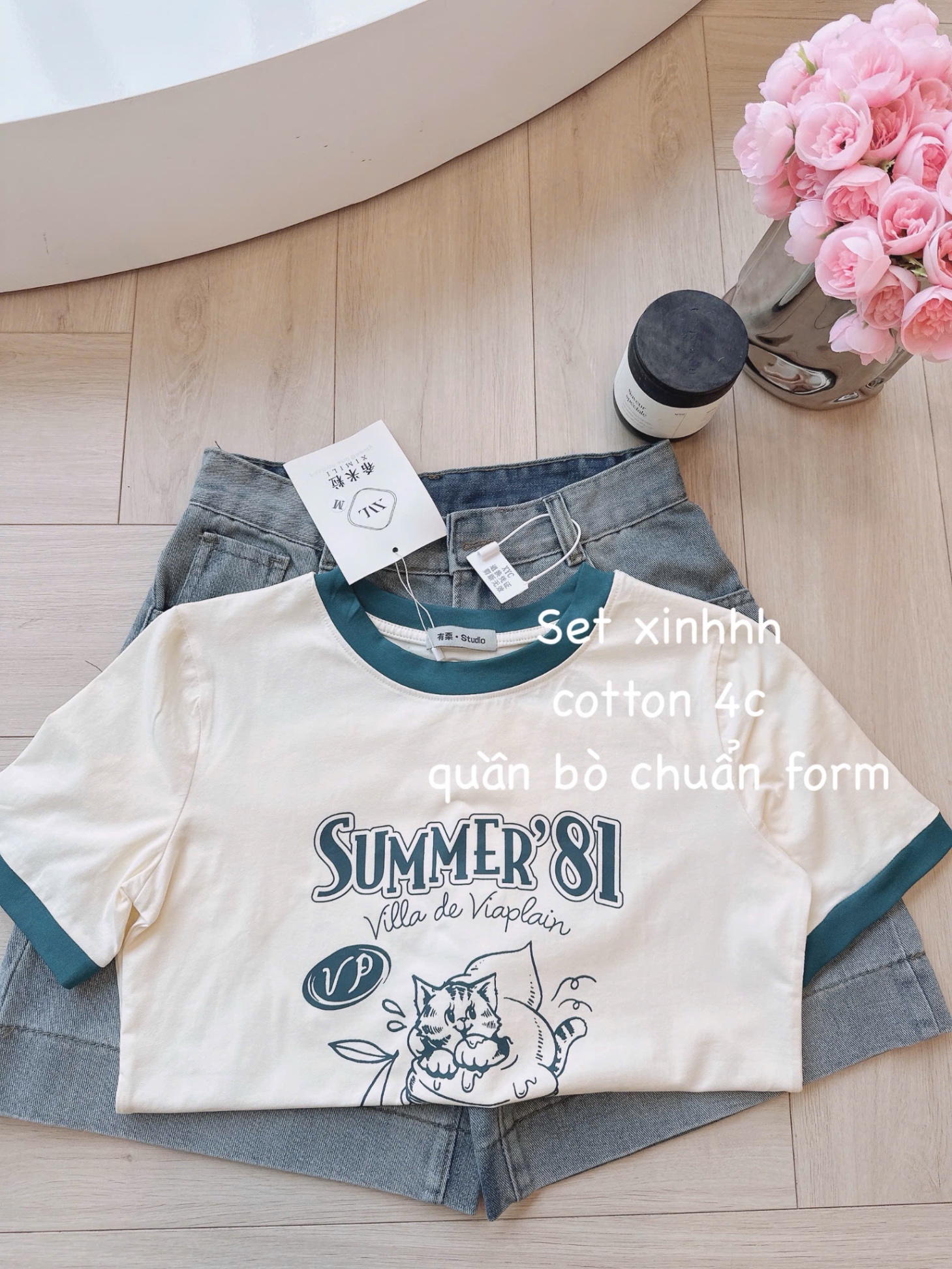 S989 - SET NỮ ÁO CỘC BE SUMMER 81 QUẦN BÒ NGỐ
