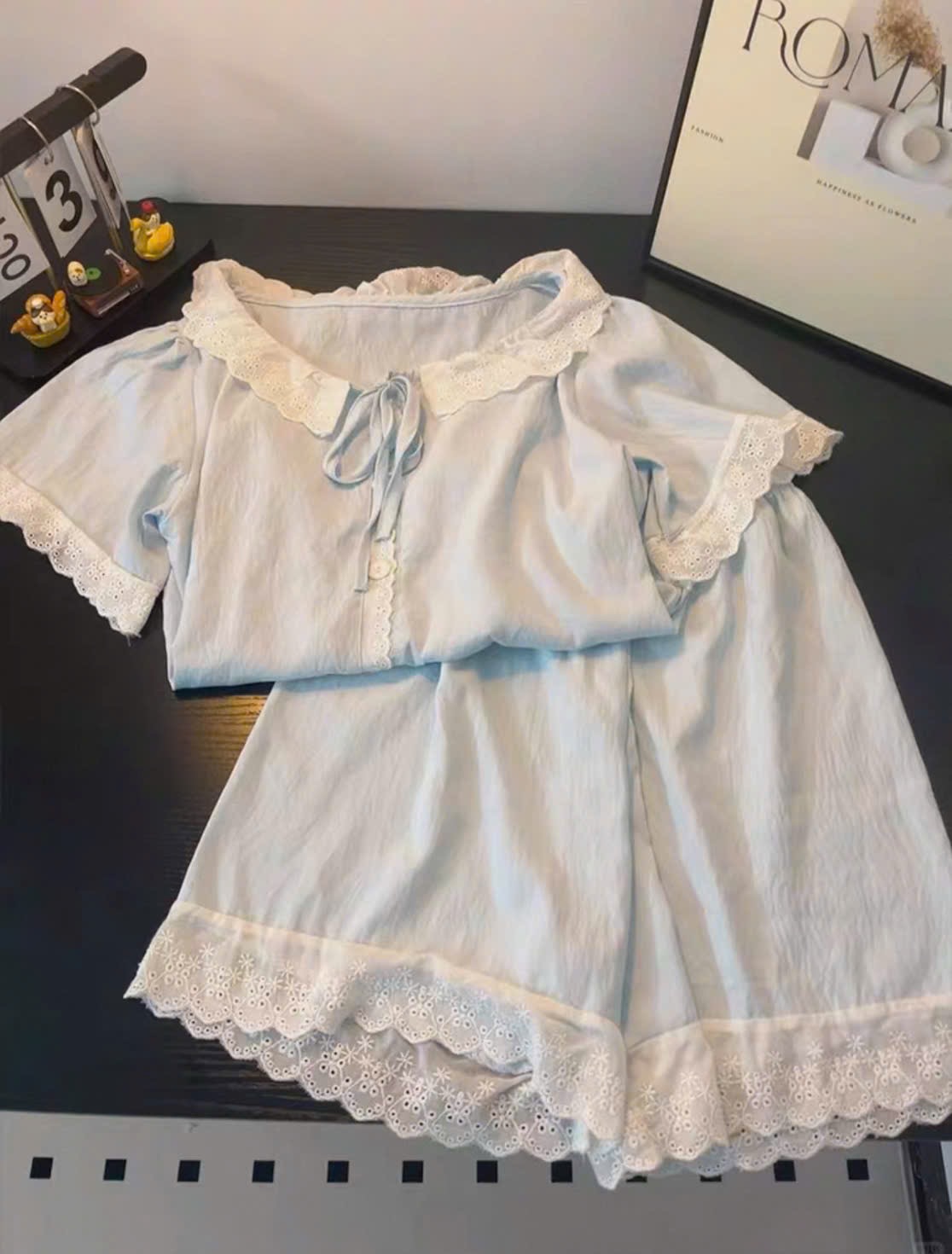 S993 - BỘ ĐÙI NỮ XANH PHỐI REN TRẮNG NƠ CỔ
