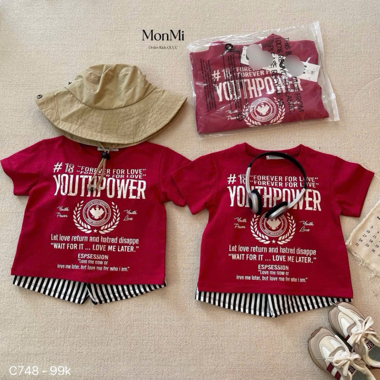 T672 - BỘ ĐÙI BÉ TRAI ÁO ĐỎ YOUTH POWER QUẦN SỌC