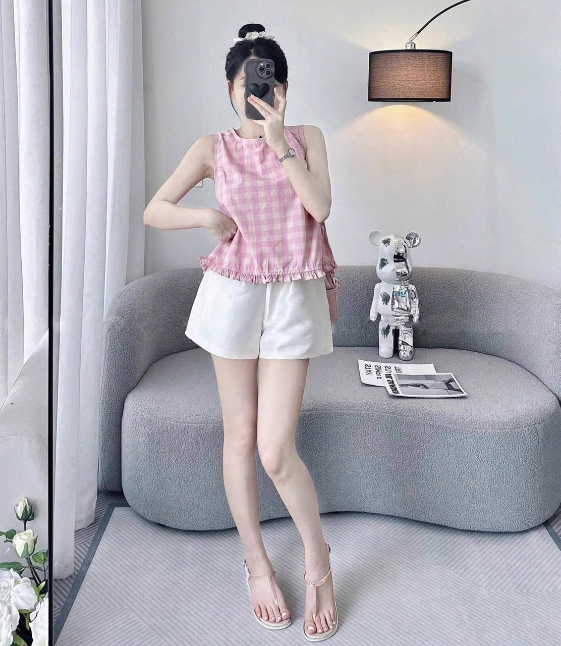 S996 - BỘ NỮ ÁO KẺ CARO HỒNG SÁT NÁCH BÈO GẤU QUẦN BE