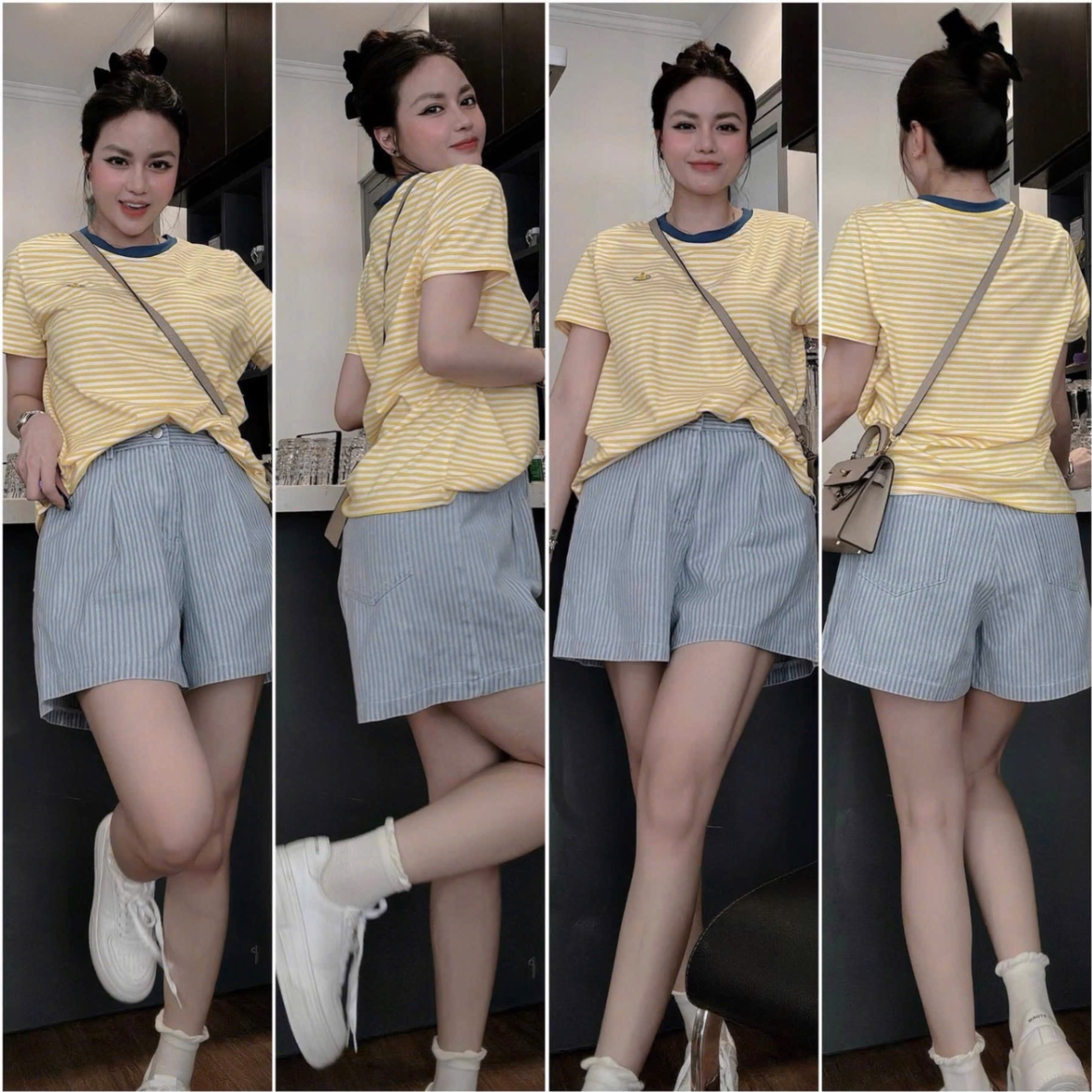 S999 - SET ÁO VÀNG KẺ NGANG THÊU QUẦN XANH SỌC