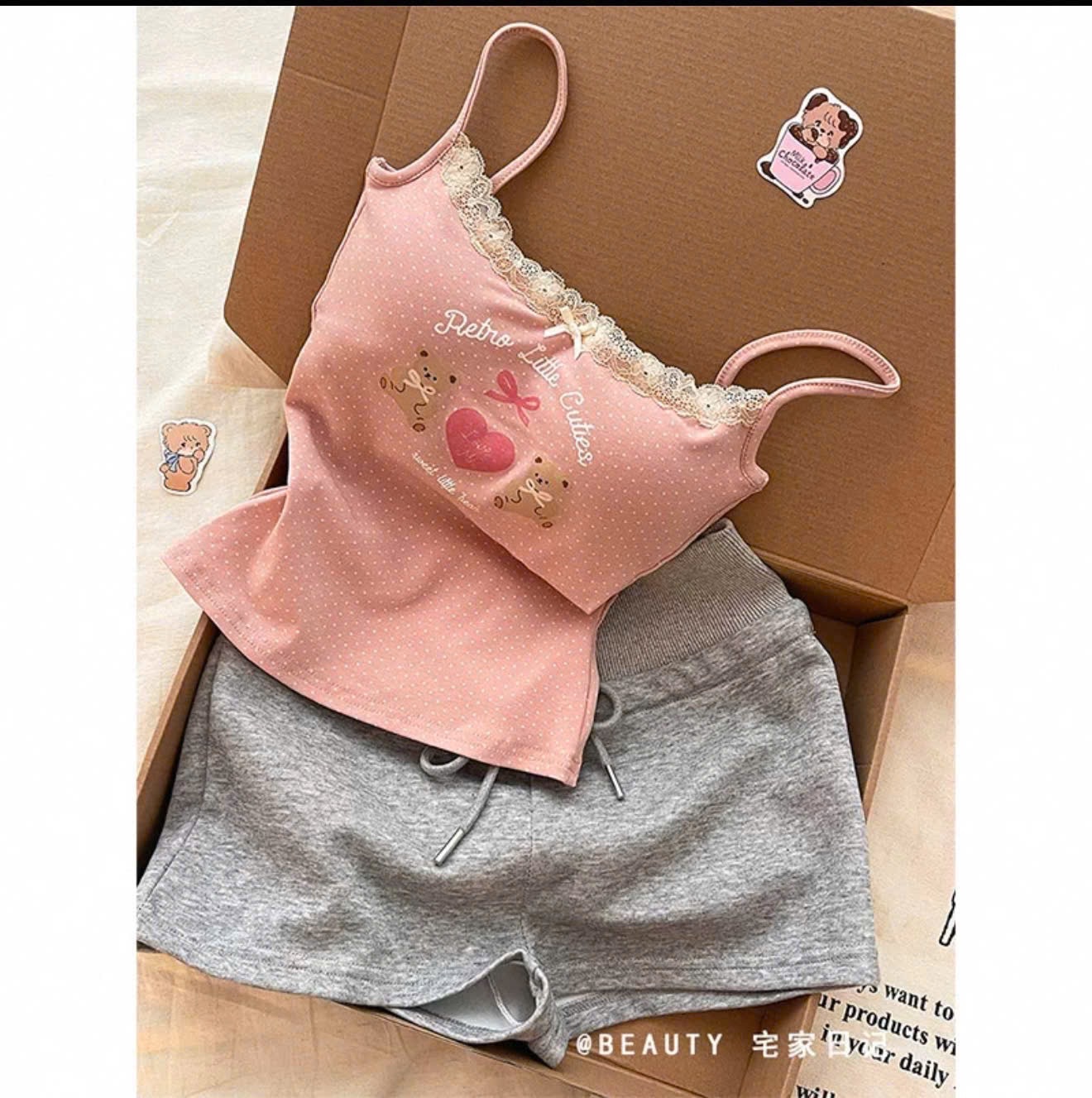 S002 - BỘ ĐÙI NỮ 2S HỒNG GẤU CHẤM BI ĐỆM NGỰC