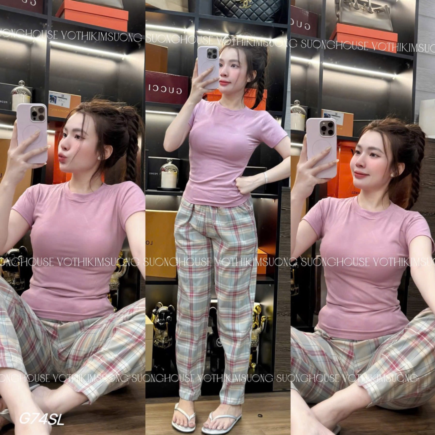 S003 - BỘ NỮ ÁO ZIP HỒNG CỘC QUẦN SUÔNG KẺ