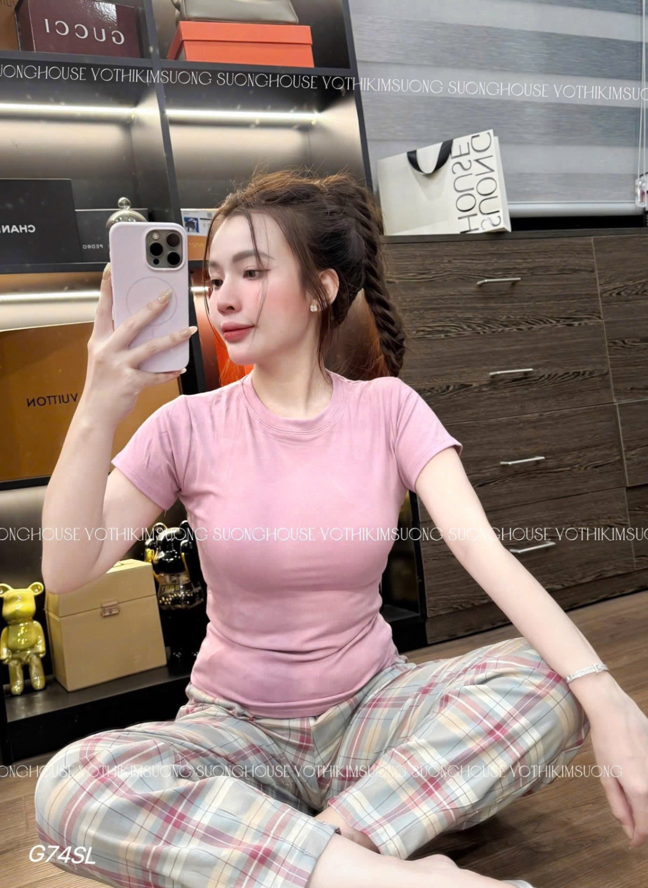 S003 - BỘ NỮ ÁO ZIP HỒNG CỘC QUẦN SUÔNG KẺ