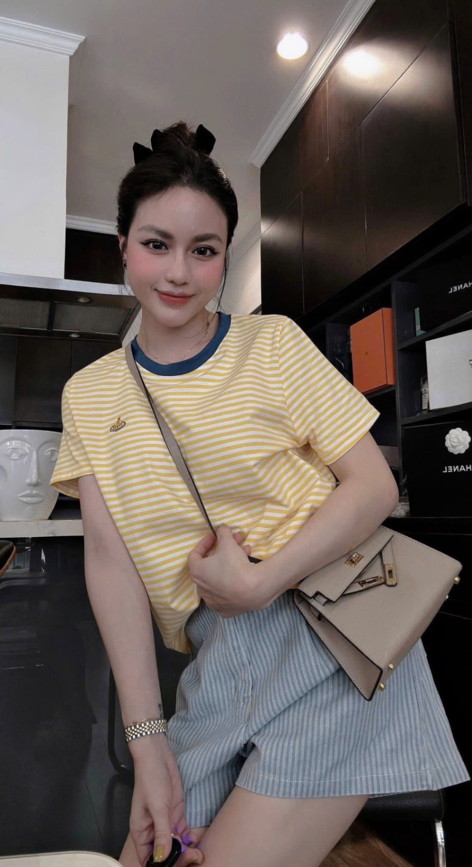 S999 - SET ÁO VÀNG KẺ NGANG THÊU QUẦN XANH SỌC