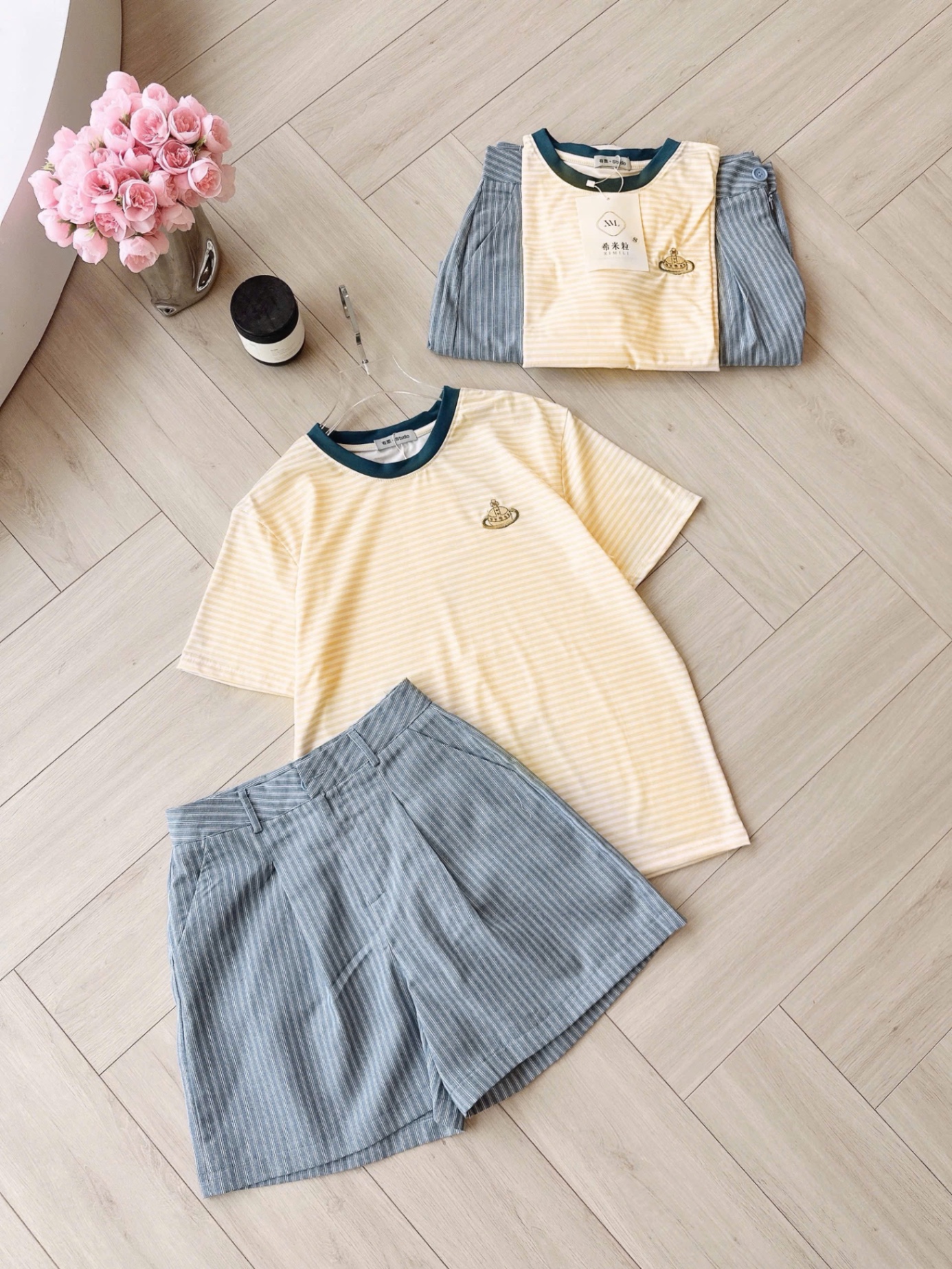 S999 - SET ÁO VÀNG KẺ NGANG THÊU QUẦN XANH SỌC