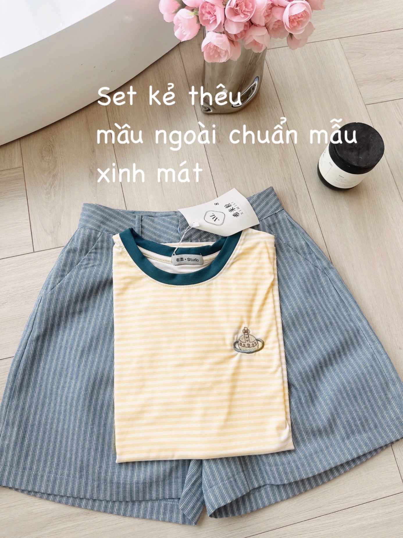 S999 - SET ÁO VÀNG KẺ NGANG THÊU QUẦN XANH SỌC